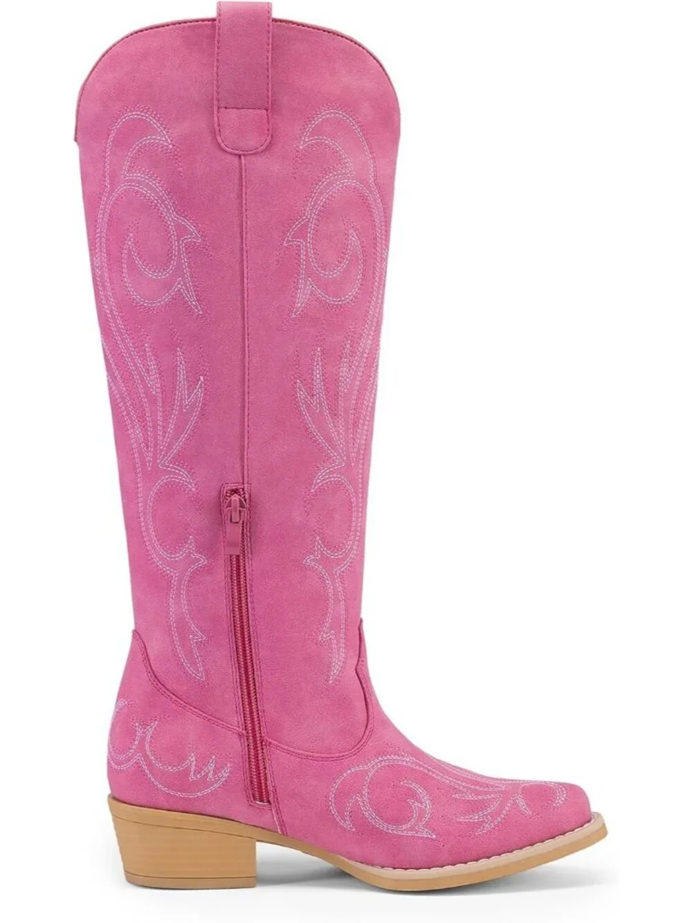 Women's Pink Rubber Cowgirl Knee High Pointed Toe Block Heel Embroiderd Boots